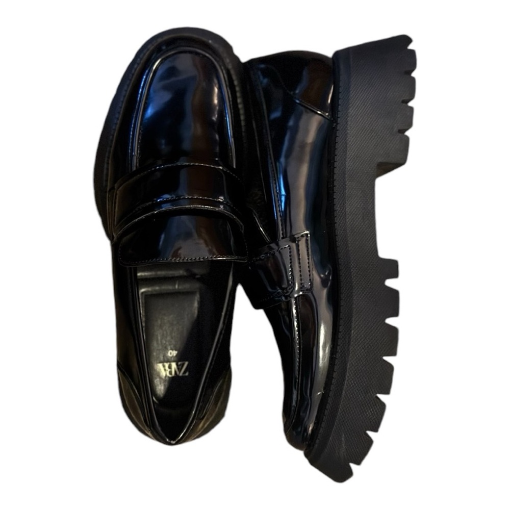 Zara Black Patent Chunky Lug Sole Loafers